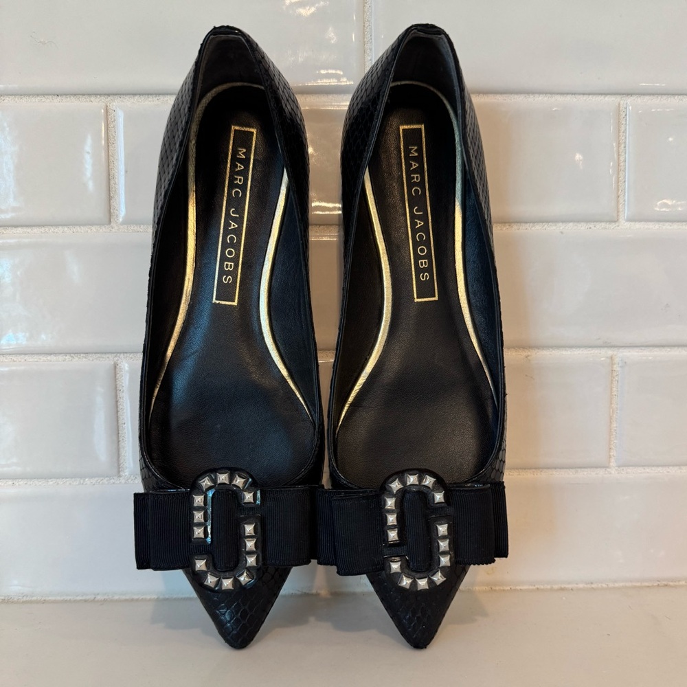 Marc Jacobs Black Snakeskin Embossed Leather Pointed Toe Ballet Flats Size 37